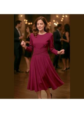 VTG NANCY JOHNSON WOOL MAGENTA FIT & FLARE MIDI DRESS W PLEATED WAIST BAND SZ 10